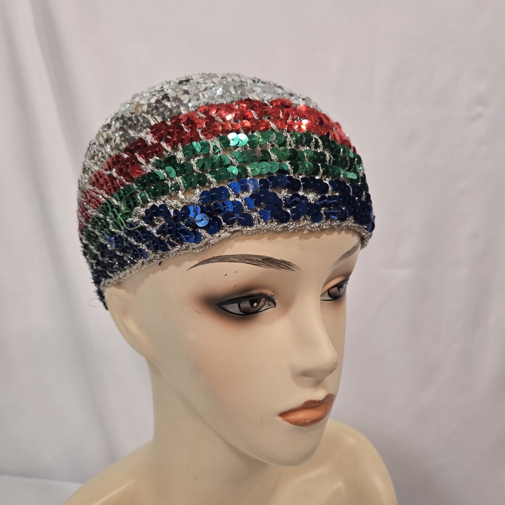 Vintage 1970s Halston Sequin Disco Skull Cap Hat Silver Rainbow Designer Rare